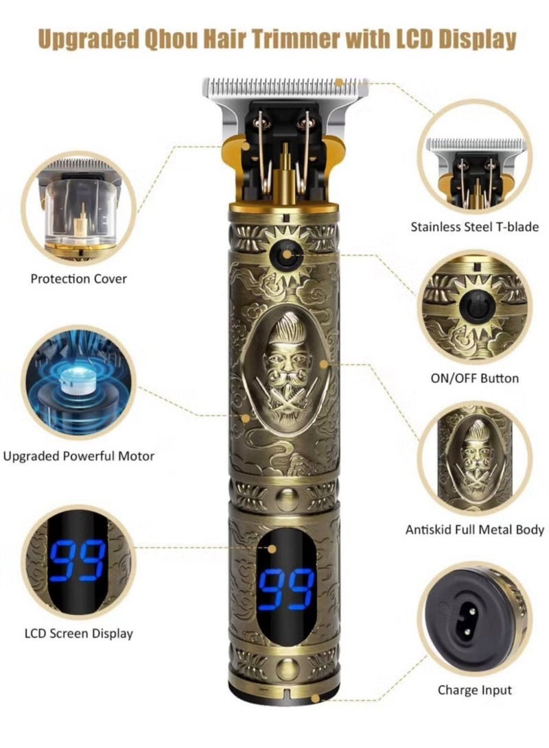 YACD Professional Cordless Hair Trimmer for Men - T-Blade Zero Gapped Outliner Grooming Kit, 1500mAh Battery with 300-Min Runtime, Waterproof Head & LCD Display, All-Metal Vintage Gold Finish - Image 5